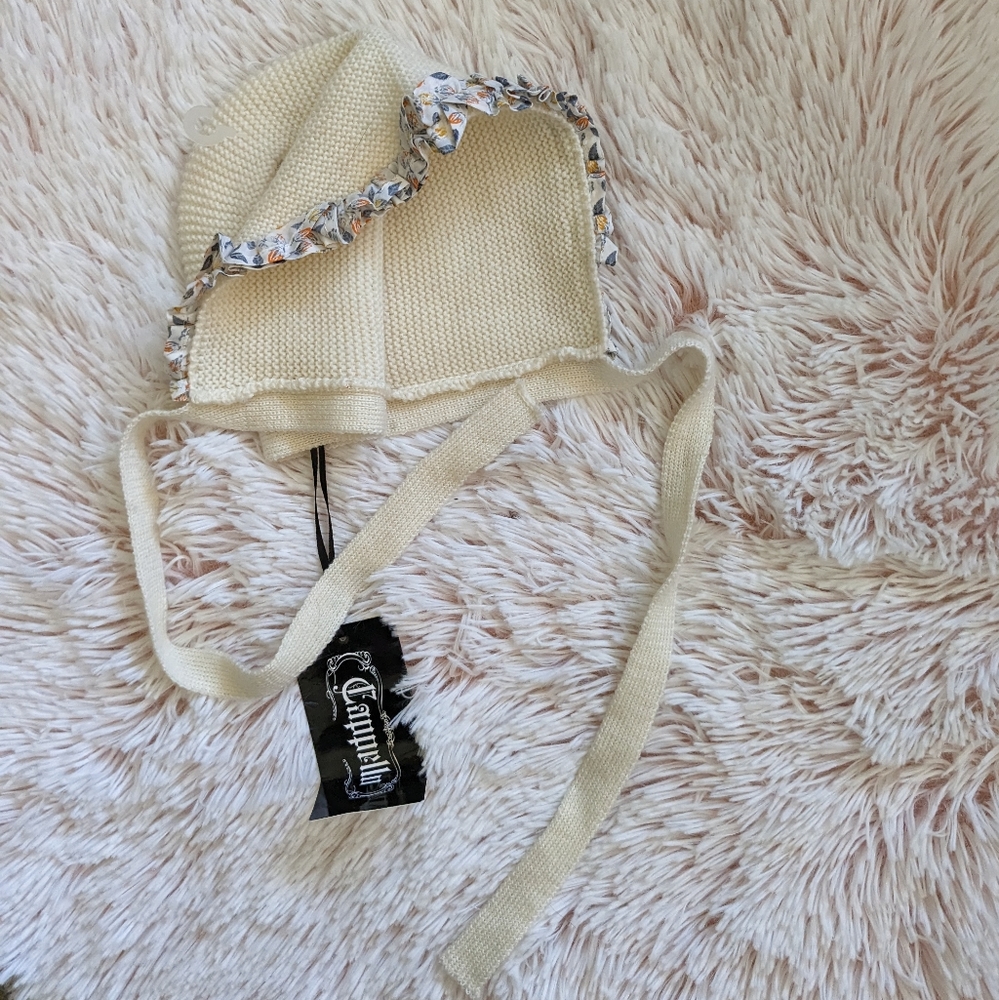 NWT CAPPELL Wool Acrylic Petite Floral Ruffle Trim Ivory Bonnet 9m